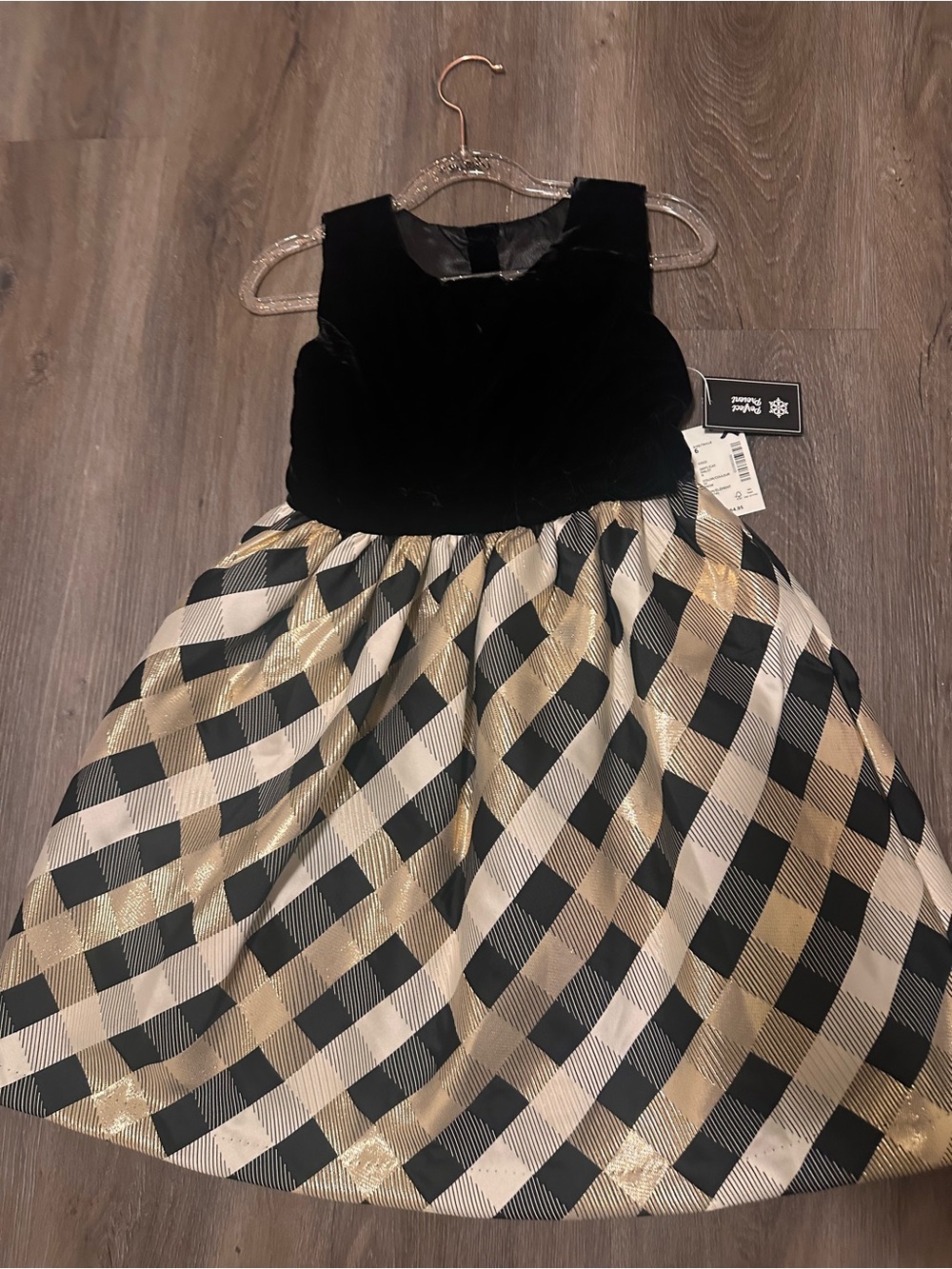 Black and Gold Plaid Velvet Bodice Party Dress size 6